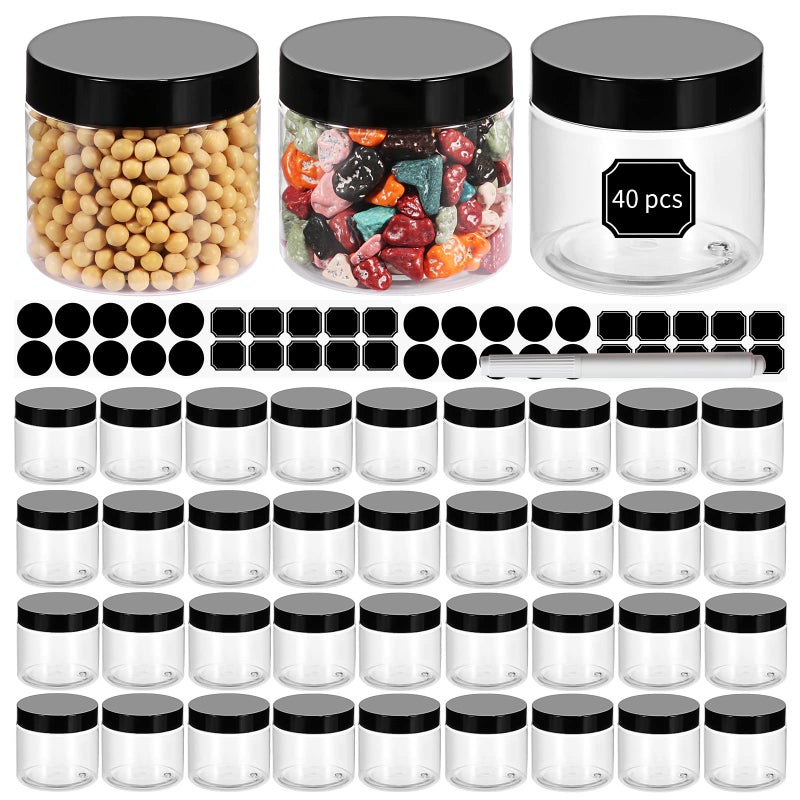 STARSIDE 40 Pack 180ml 6 oz Empty Clear Plastic Jars with Black Lids, Refillable Round Containers for Slime,Beauty Products, powder, Cream, Scrubs, Cookie,Dried Fruit. Include 1 Pen and 80 Labels. - Image 1
